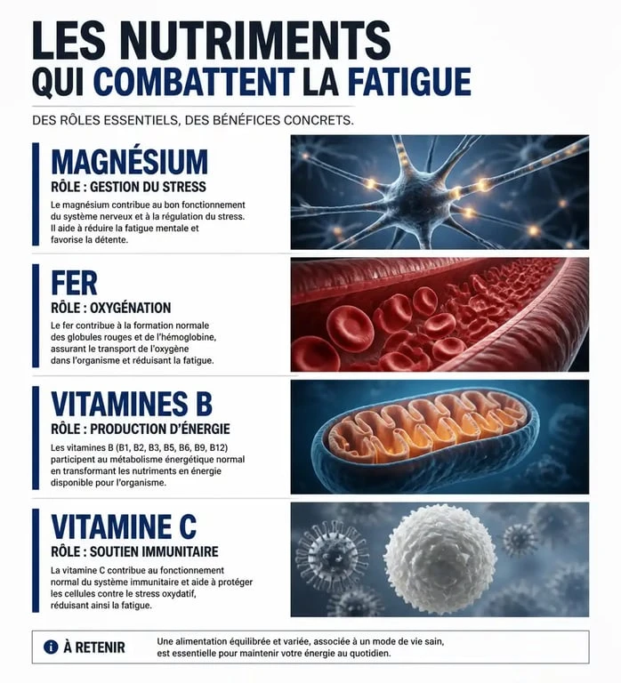 Infographie sur les nutriments essentiels comme médicament contre la fatigue et leurs bienfaits sur l'organisme