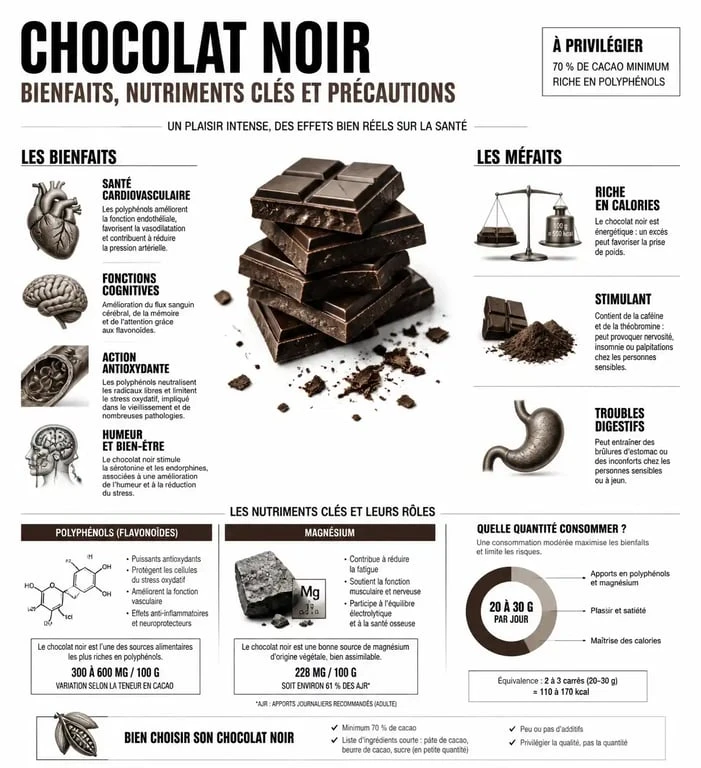 Infographie sur les bienfaits et méfaits du chocolat noir pour la santé