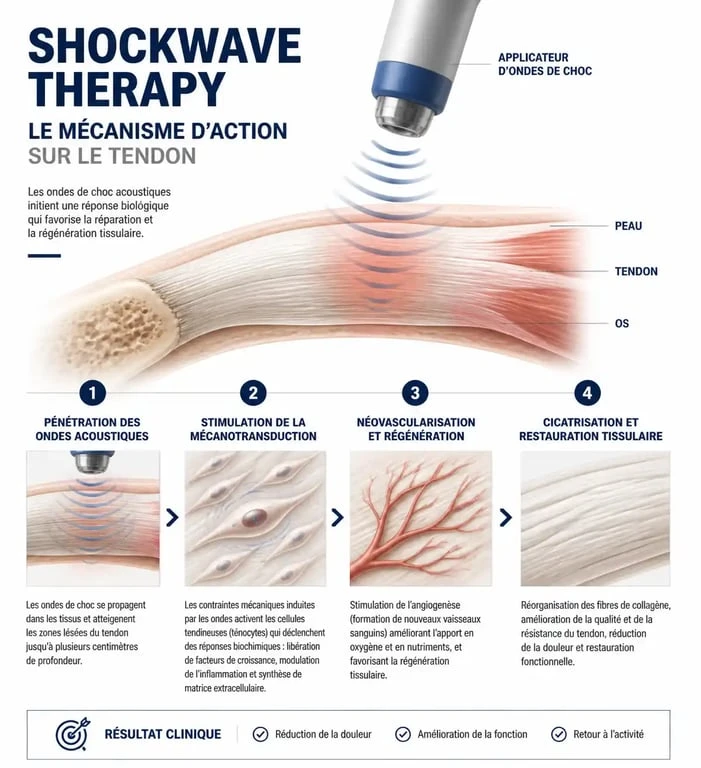Schéma explicatif du fonctionnement de la shockwave therapy et de ses effets sur la régénération des tissus.