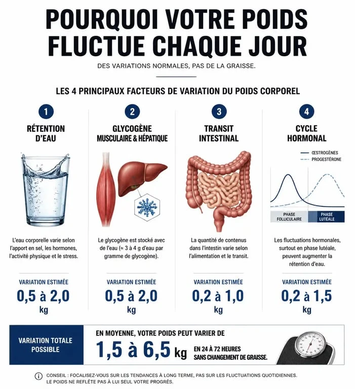 Infographie expliquant les causes des variations de poids lors de la pesée quotidienne