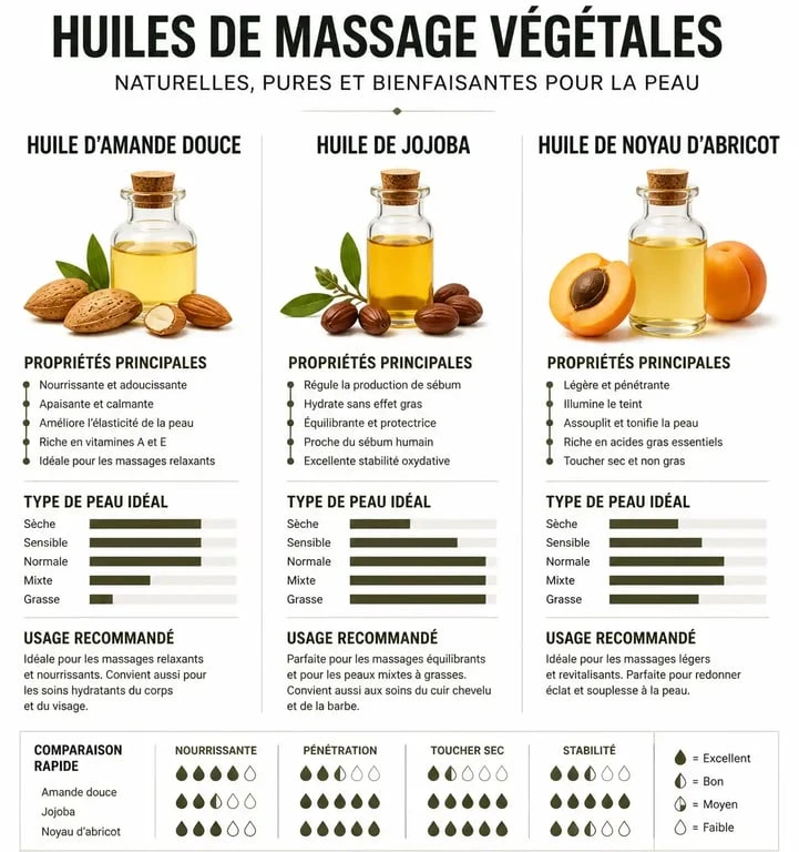 Infographie des propriétés des huiles végétales pour choisir la meilleure huile de massage selon son type de peau.