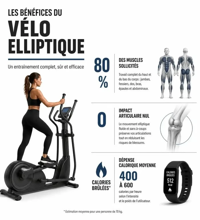 Infographie des bénéfices santé et perte de poids avec 30 minutes de vélo elliptique par jour