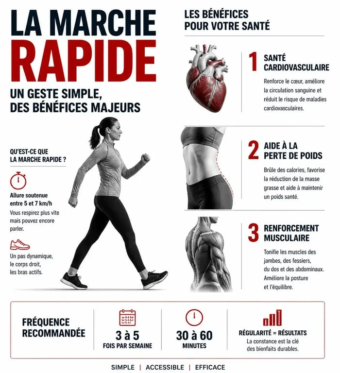 Infographie sur les bienfaits et la fréquence de la marche rapide par semaine pour la santé