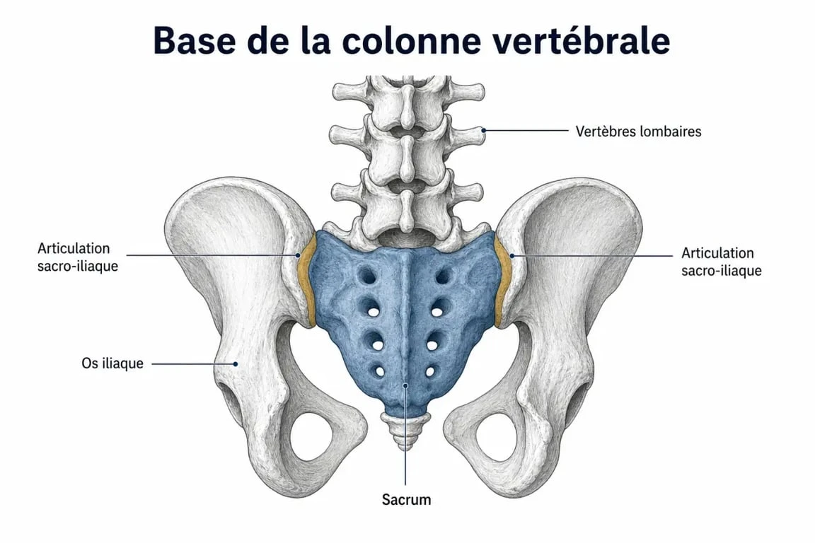Schéma anatomique du sacrum et de l'articulation sacro-iliaque pour comprendre la douleur au sacrum