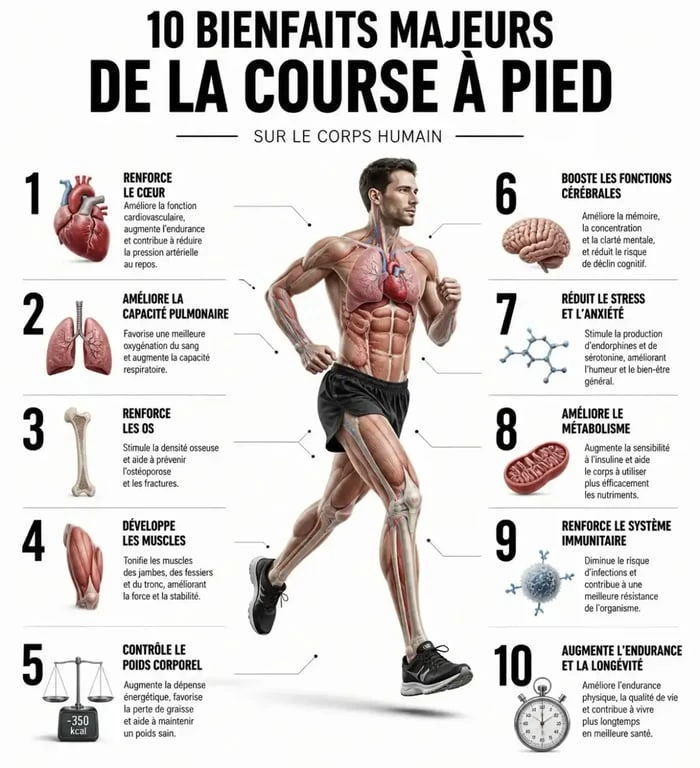 Infographie illustrant les 10 bienfaits de la course à pied sur la santé physique et mentale
