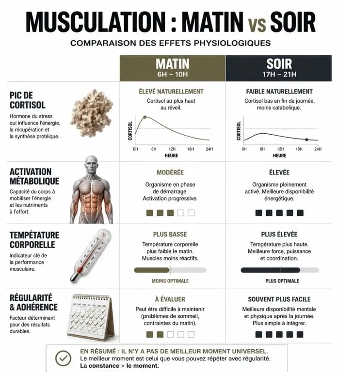 Infographie comparative des bénéfices de la musculation le matin et en soirée pour optimiser ses résultats