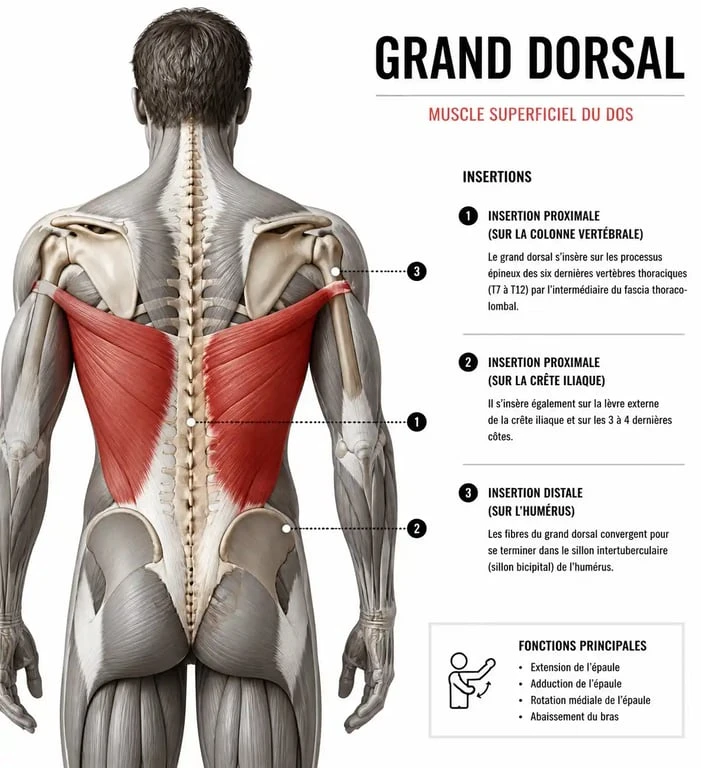Schéma anatomique du muscle latissimus dorsi (grand dorsal) montrant ses insertions et sa structure.