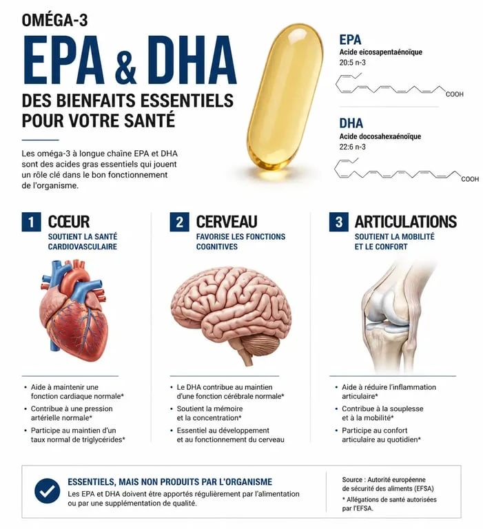 Infographie des bienfaits de l'huile de poisson et des oméga-3 sur la santé