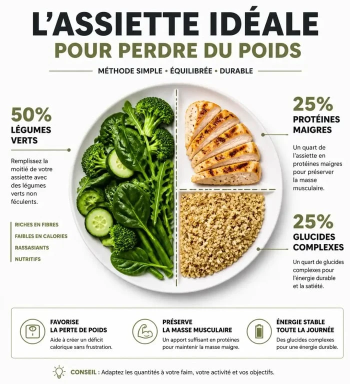 Infographie illustrant la composition d'une assiette équilibrée pour un régime minceur