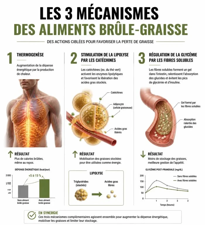 Infographie expliquant les mécanismes des aliments brûle-graisse sur le métabolisme et la perte de poids