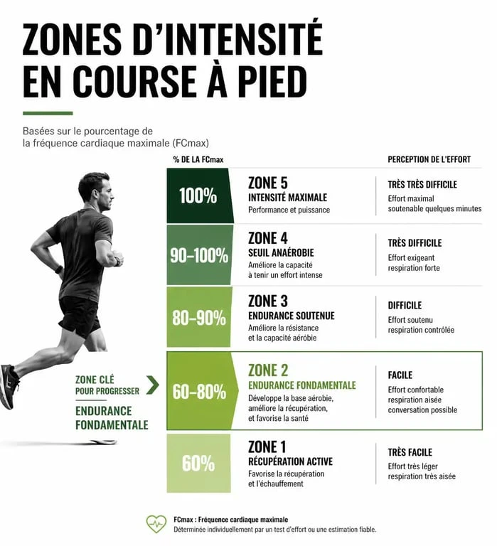 Infographie des zones d'entraînement en course à pied pour calculer son endurance fondamentale