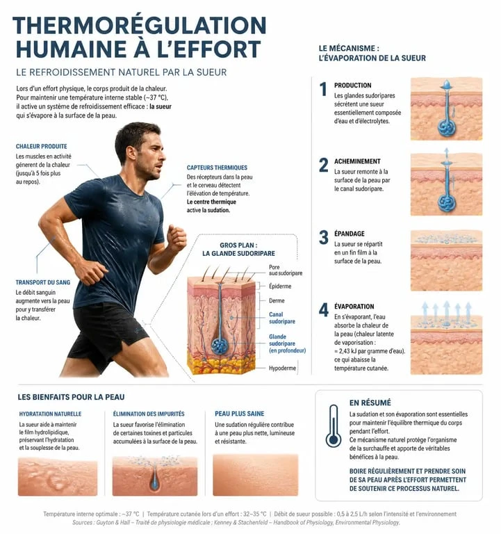 Infographie sur les bienfaits de la transpiration pendant le sport et le mécanisme de thermorégulation