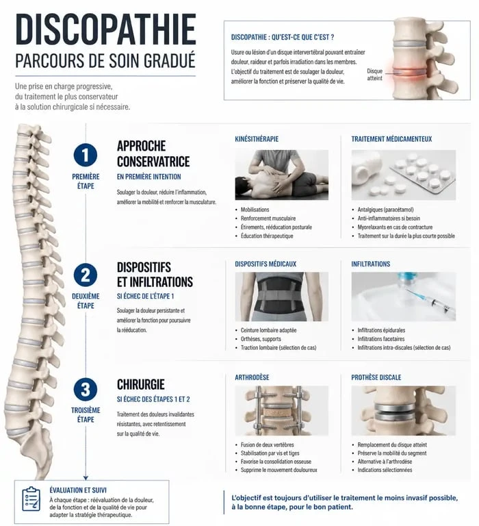 Schéma du parcours de soin et traitement de la discopathie : des approches conservatrices à la chirurgie