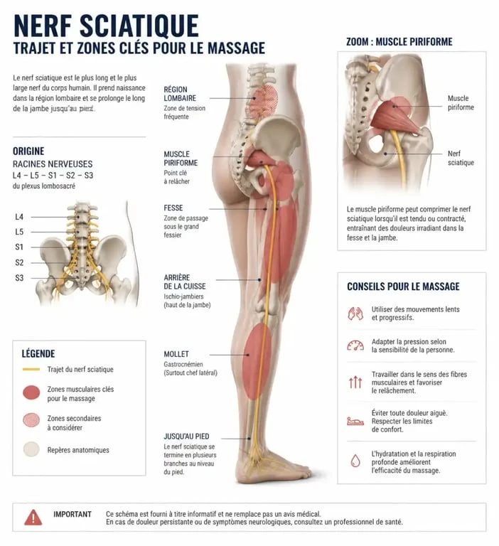 Schéma anatomique du nerf sciatique et zones de massage pour soulager la douleur