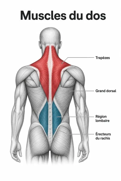 Schéma anatomique des muscles du dos pour comprendre la douleur musculaire au dos