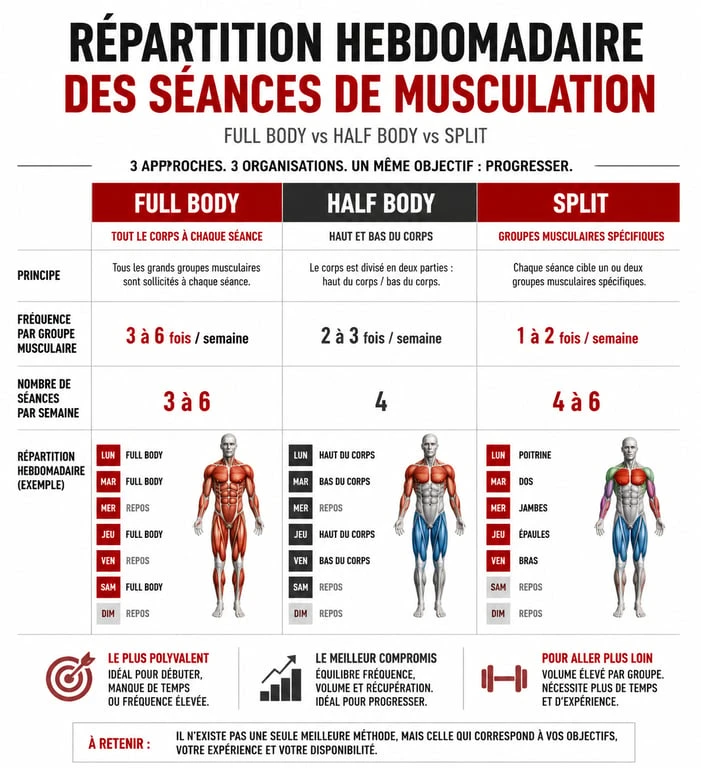Infographie sur la répartition d'un programme musculation pour une semaine
