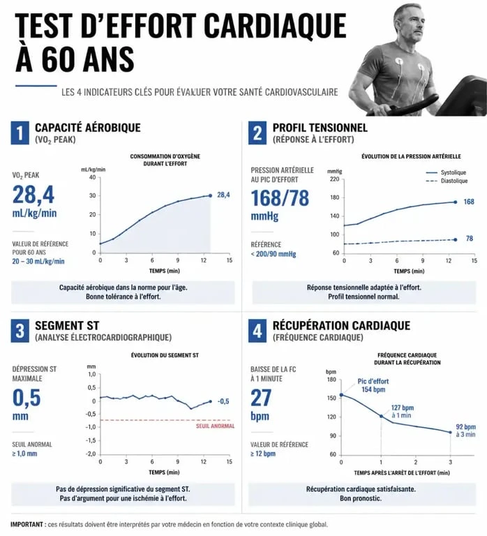 Tableau récapitulatif des indicateurs de santé lors d'un test d'effort à 60 ans