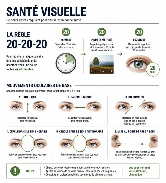 Infographie sur l'exercice des yeux et la règle 20-20-20 pour réduire la fatigue visuelle