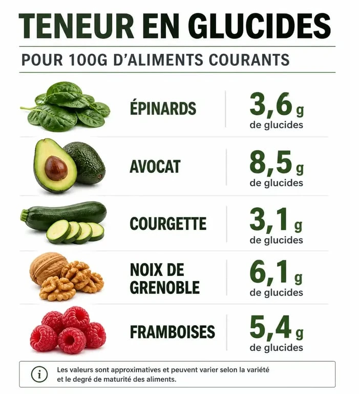 Infographie comparative des aliments pauvres en glucides par portion de 100g pour un régime low carb