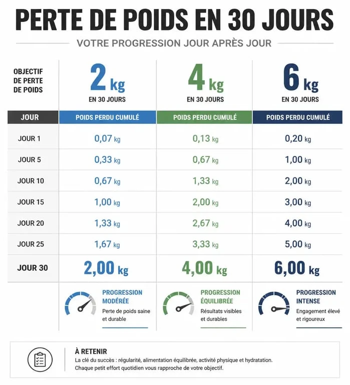 Infographie sur la perte de poids en 1 mois : objectifs réalistes et déficit calorique associé