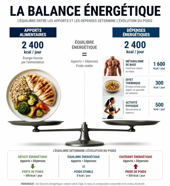Schéma illustrant le principe du déficit calorique et de la balance énergétique pour la perte de poids