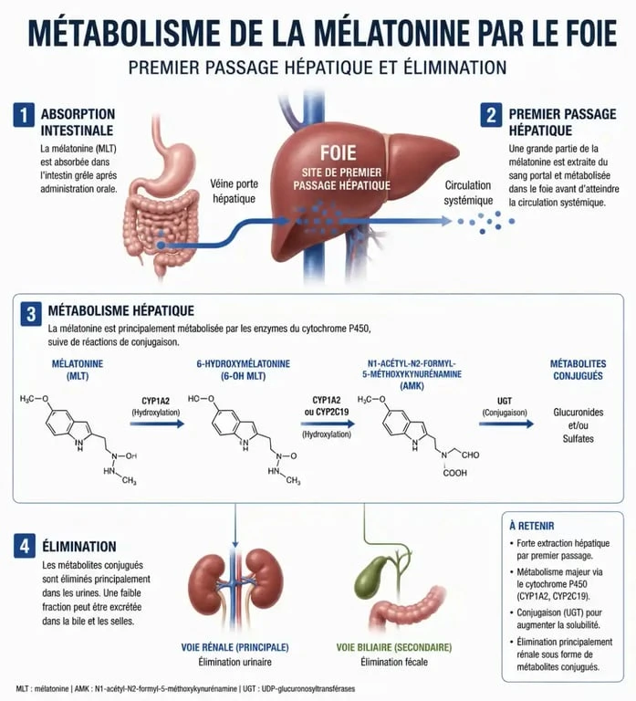 Schéma du métabolisme de la mélatonine par le foie et risques potentiels pour la santé hépatique