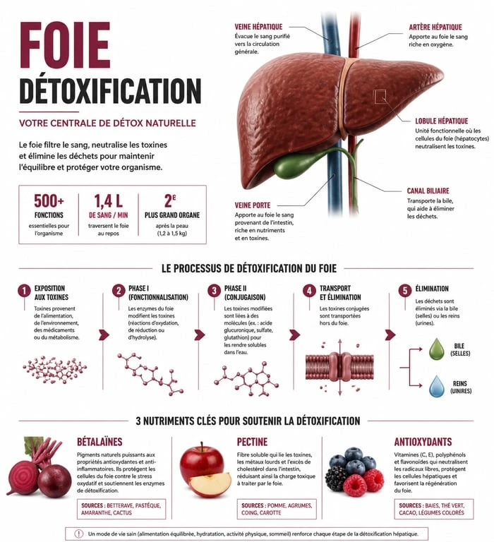 Infographie explicative sur le processus de détoxification du foie et les bienfaits des nutriments pour la santé hépatique