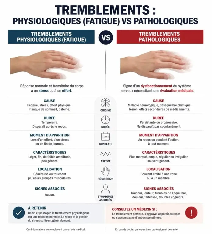 Infographie comparative des tremblements intérieurs du corps et de la fatigue