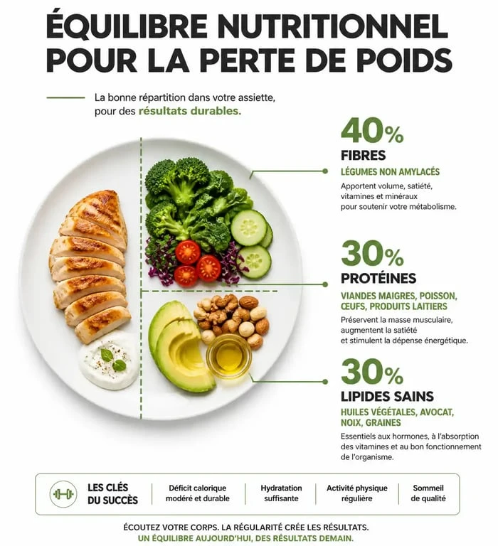 Infographie sur l'équilibre nutritionnel pour maigrir vite et bien avec une répartition saine des macronutriments.