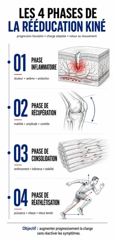 Infographie des 4 phases de la rééducation kiné