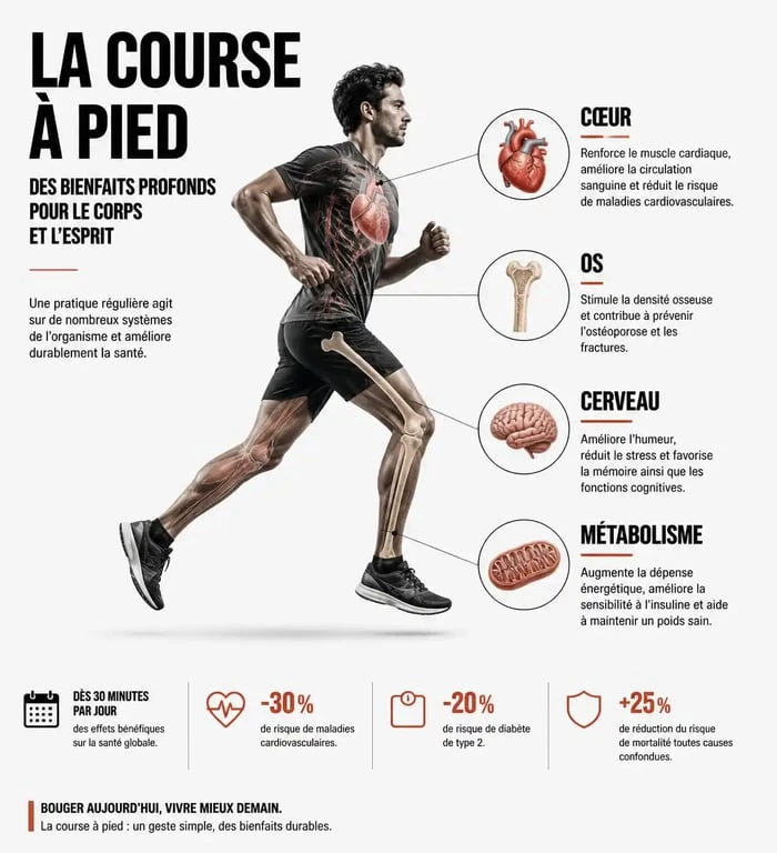 Infographie des bienfaits de la course à pied sur la santé physique et mentale