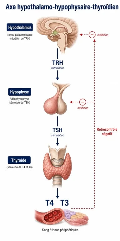 Schéma explicatif de l'axe hypothalamo-hypophysaire-thyroïdien pour comprendre le bilan thyroïdien TSH T3 T4