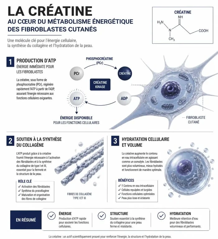 Infographie expliquant les effets de la créatine sur la peau et le collagène
