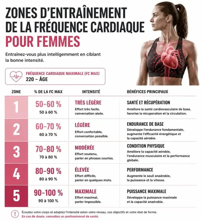 Tableau des zones d'entraînement basées sur la fréquence cardiaque maximale pour les femmes