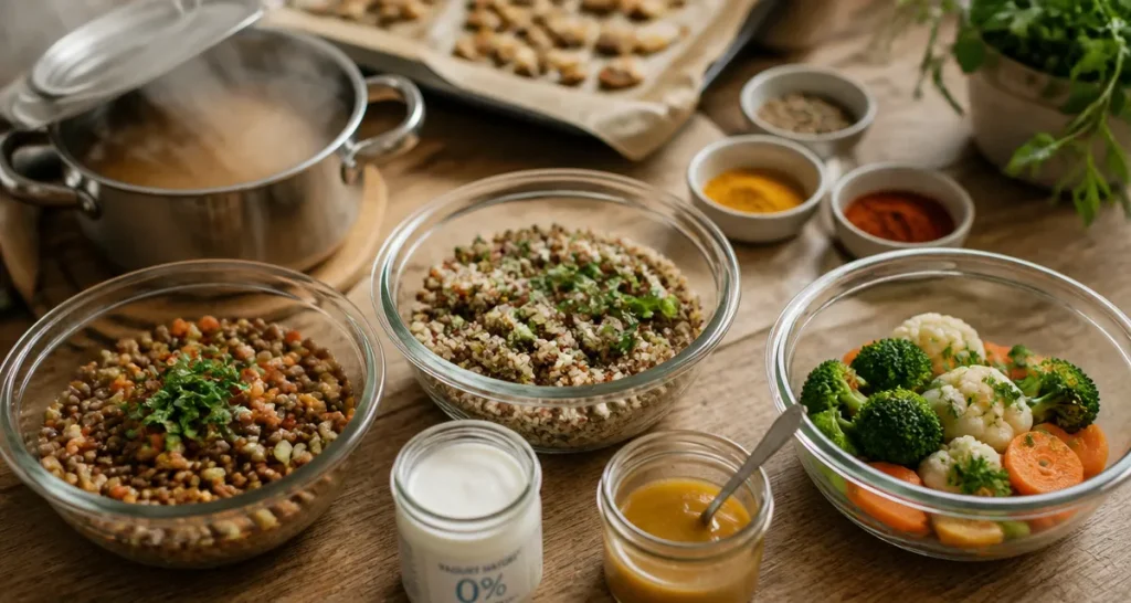 Menu semaine sans graisse : bols repas sans huile ni beurre, lentilles et quinoa