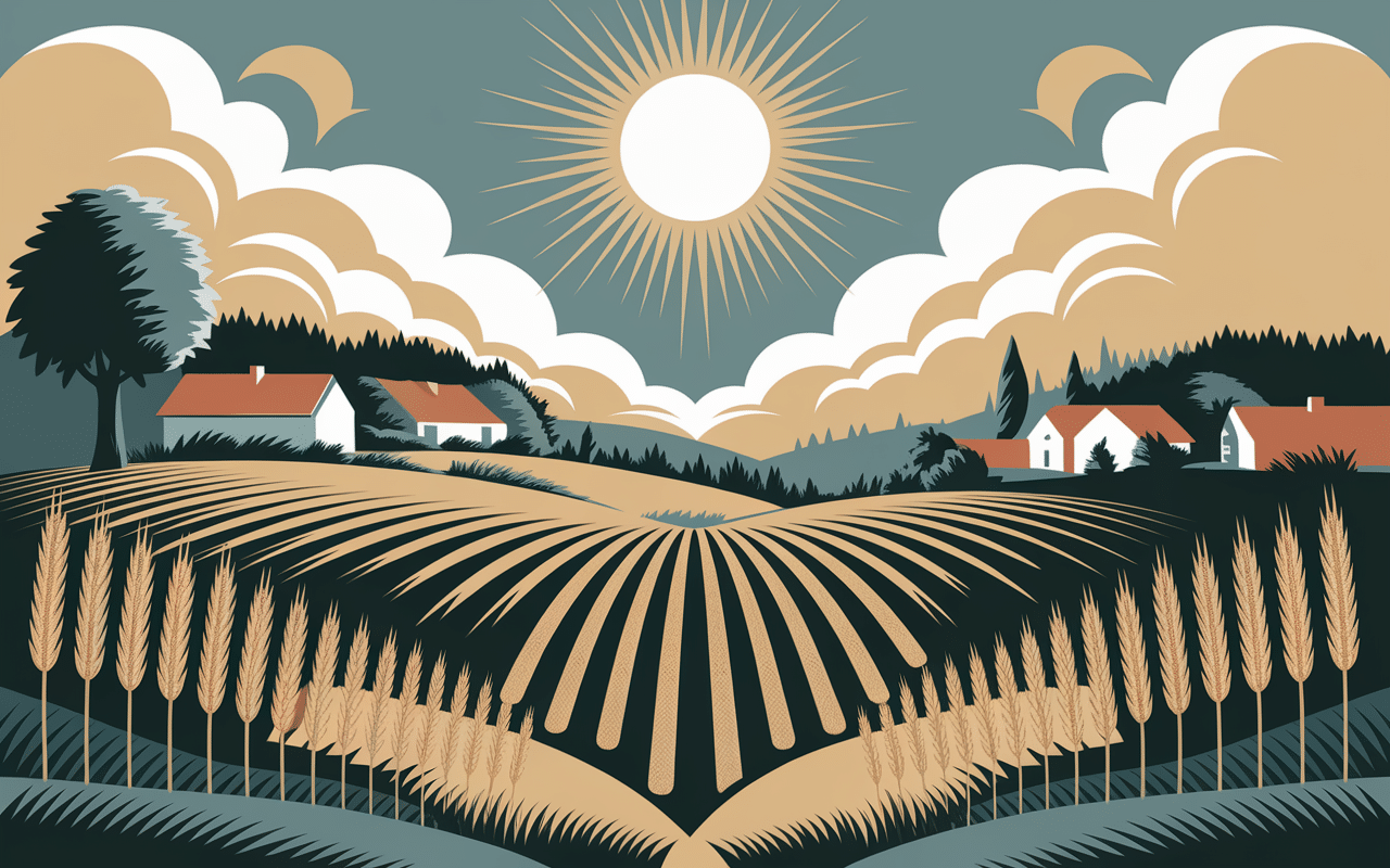 7 épis de blé illustrés au-dessus d’un paysage agricole biblique