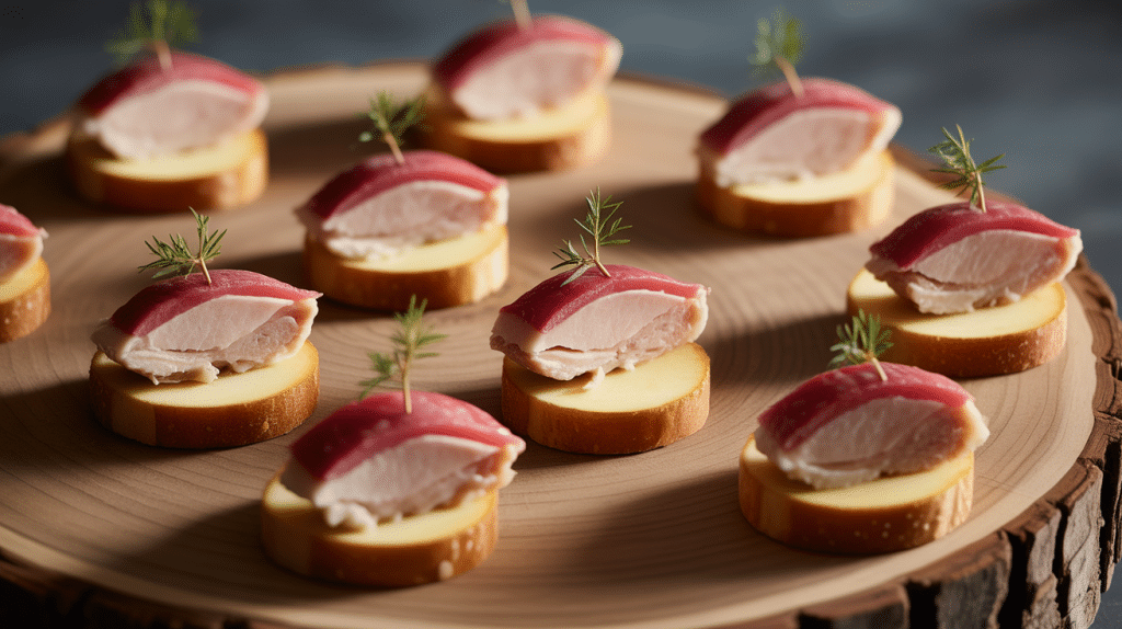 amuses bouches apéritif avec magret de canard séché et pomme sur plateau