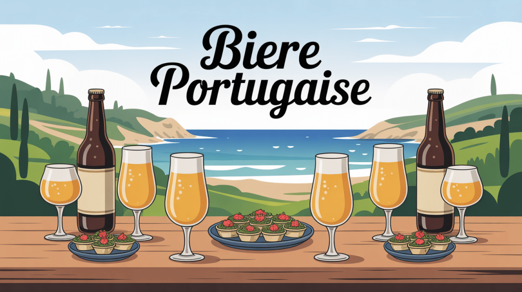 table avec biere portugaise, tapas et paysage Portugal