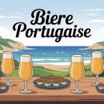 table avec biere portugaise, tapas et paysage Portugal