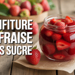 Bocal de confiture de fraise sans sucre sur table rustique