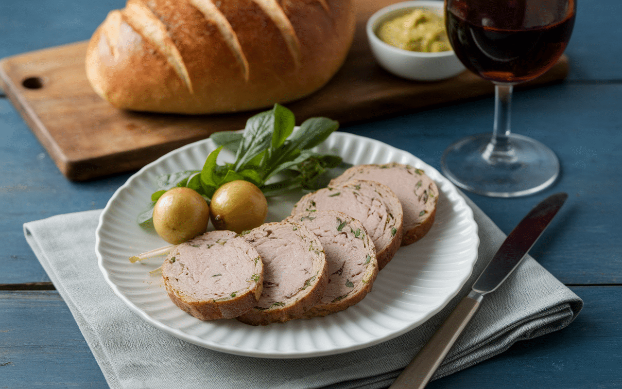 Dégustation terrine de campagne charcutier avec vin et pain