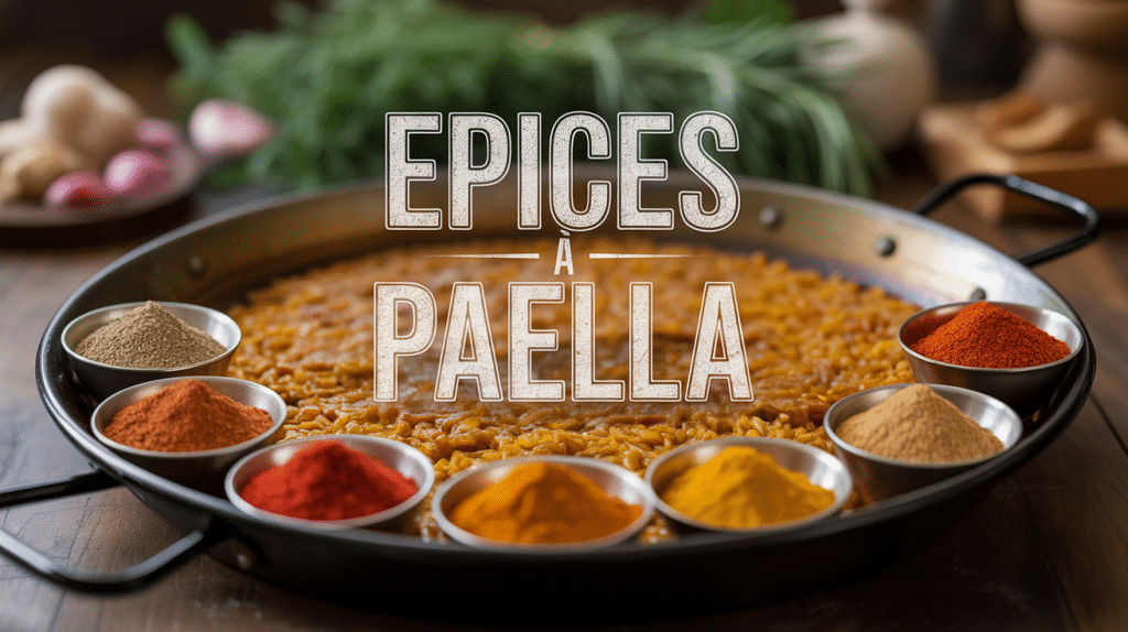 paellera avec épices à paella variées et texte décoratif