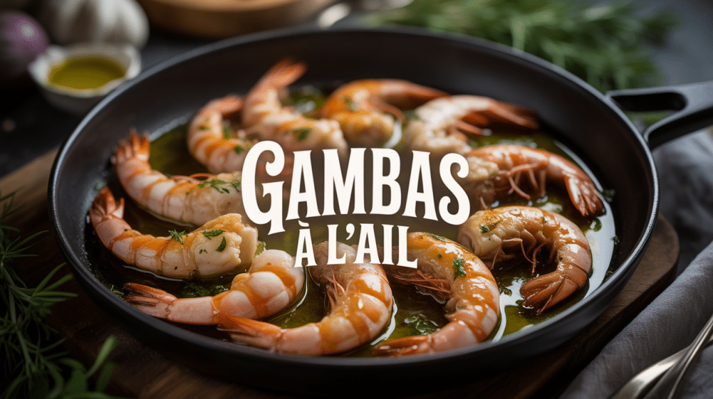 Assiette de gambas à l'ail recette espagnole, poêle, huile d'olive