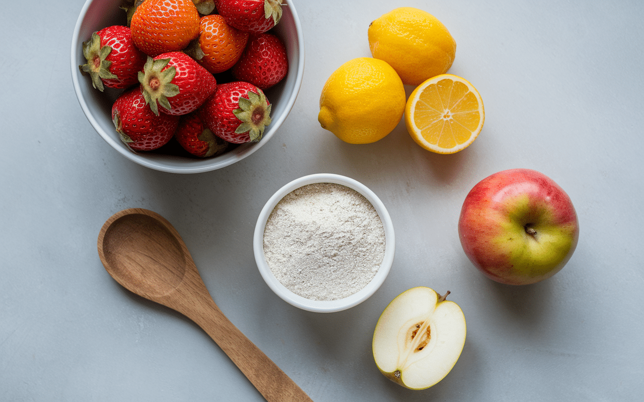 Ingrédients pour confiture de fraise sans sucre sur table