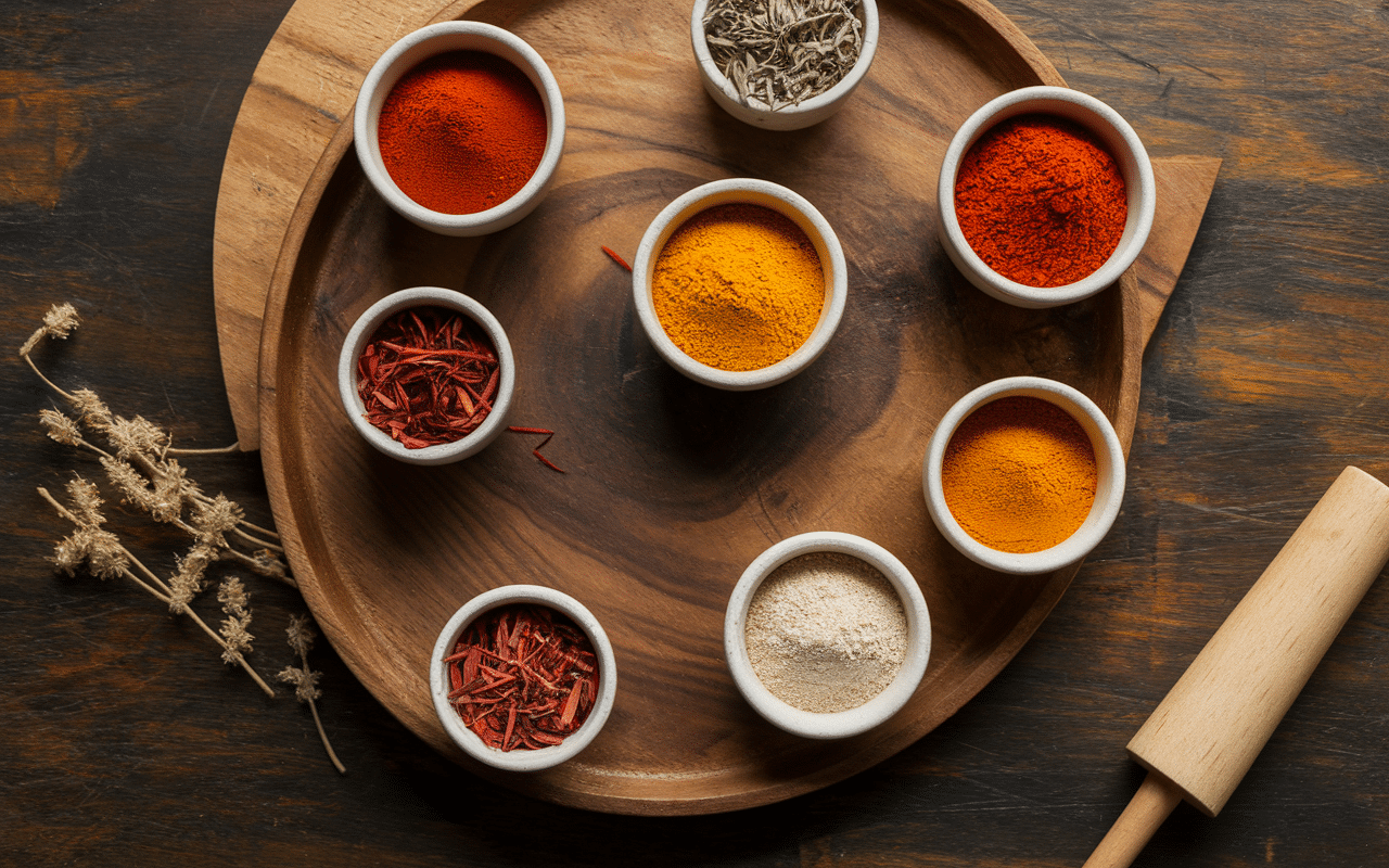 bols d'épices à paella sur table en bois