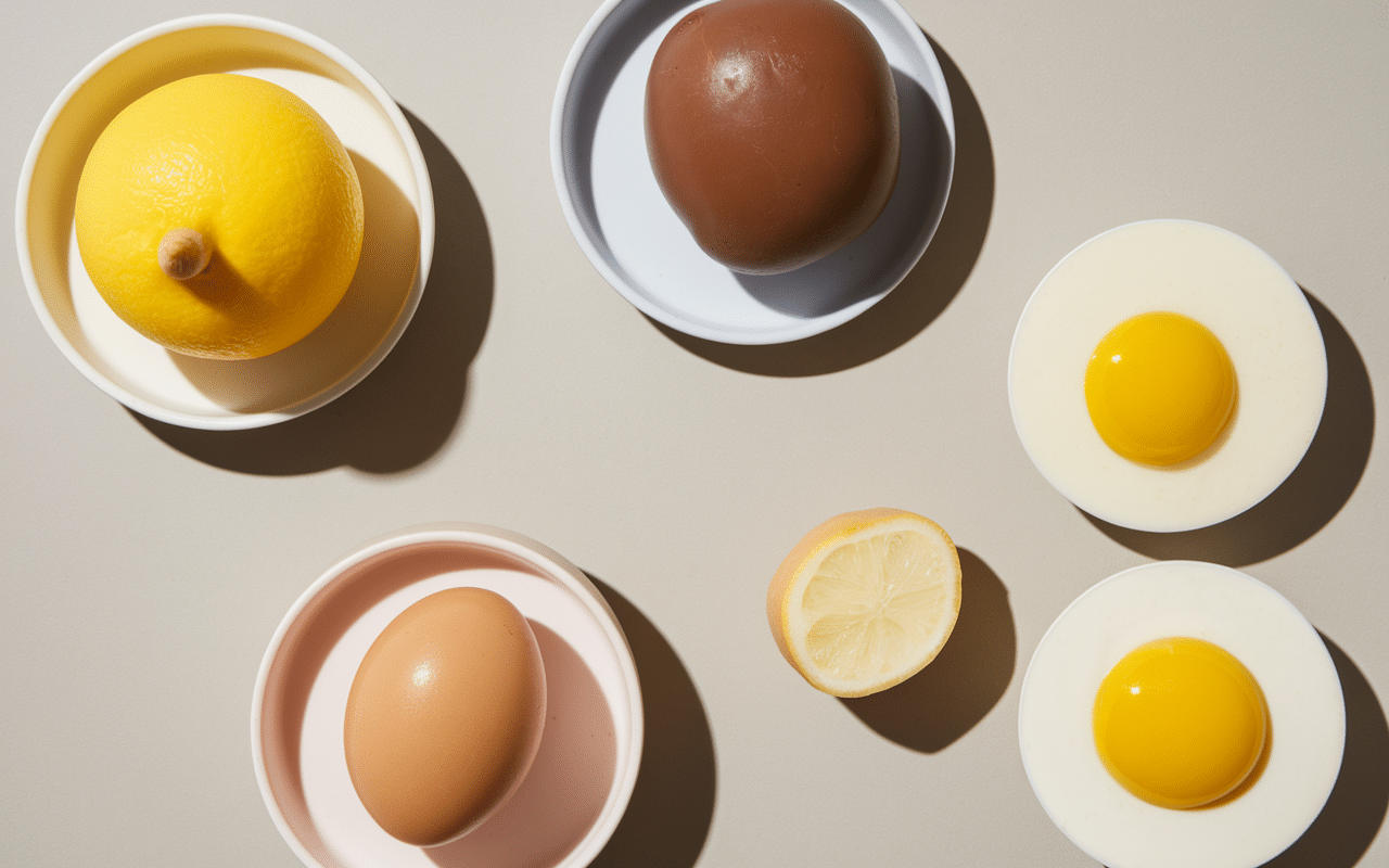 Gros plan desserts moule trompe l'oeil citrons pommes oeufs