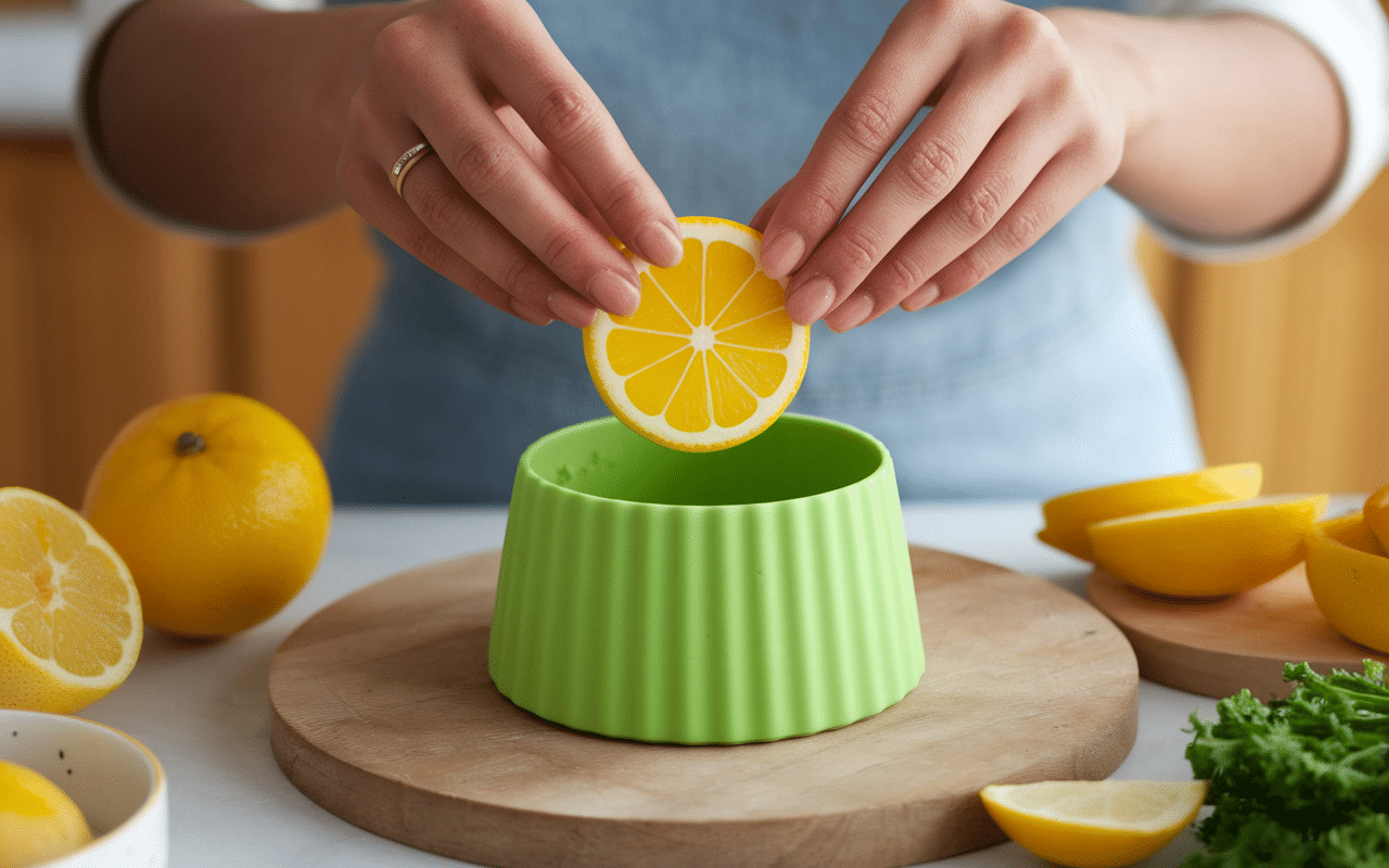 Demoulage dessert moule trompe l'oeil citron main femme