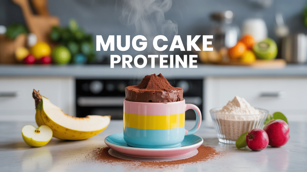 Mug cake proteiné moelleux dans une tasse avec ingrédients