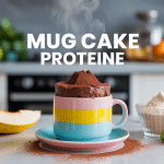 Mug cake proteiné moelleux dans une tasse avec ingrédients