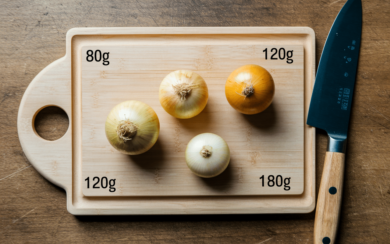 poid 1 oignon différentes tailles sur planche